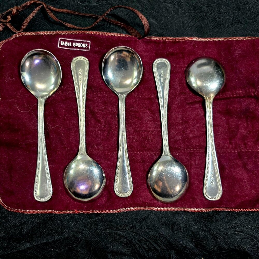 Vintage 30 ABC Kyle Silverplate Soup Spoons Set of 5 Seidenbach's Felt Wrap - Picture 11 of 14